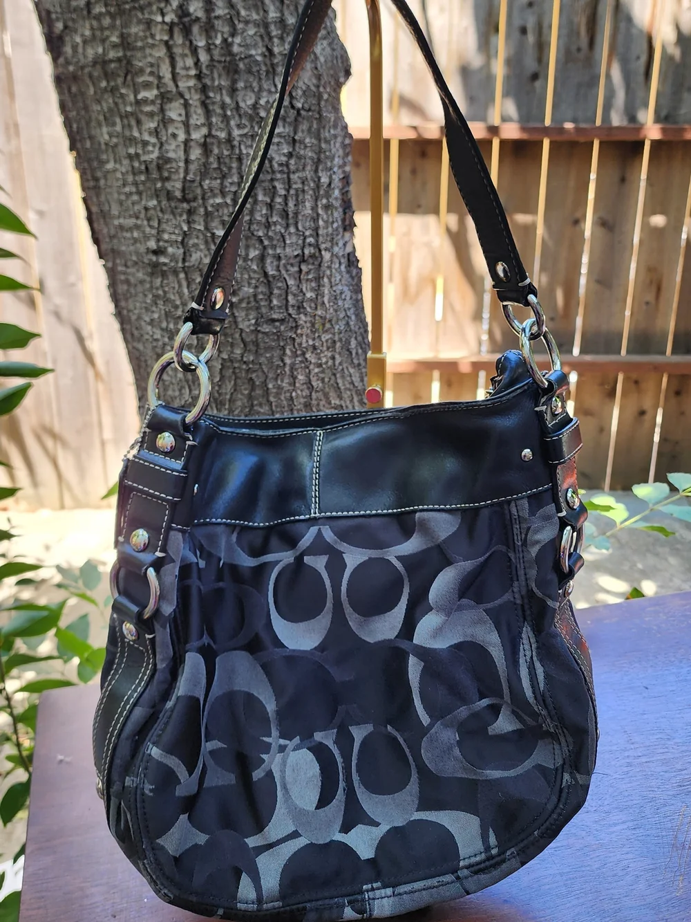 Coach Zoe Optic Signature C Jacquard Hobo Shoulder Bag Black Grey